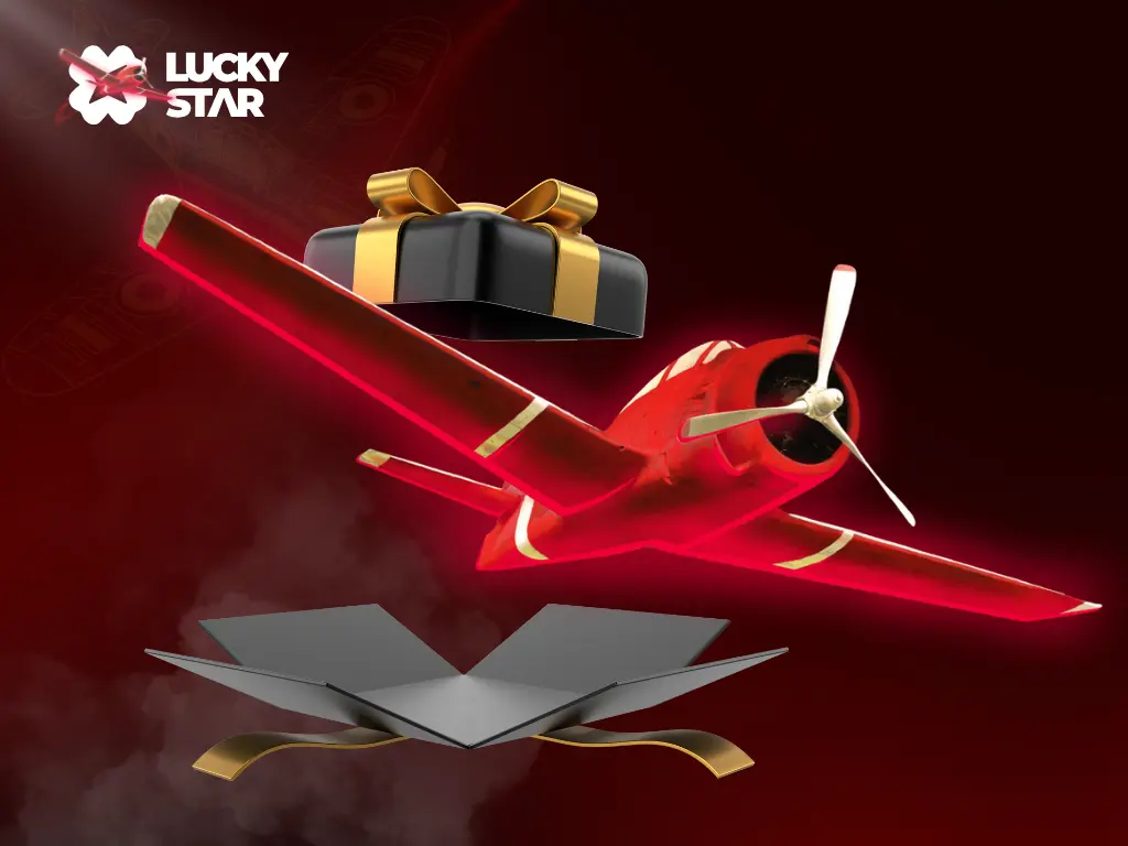 Imagem com o logotipo do cassino Lucky Star, um avião com tema do jogo Aviator e uma caixa de presente com uma fita dourada.