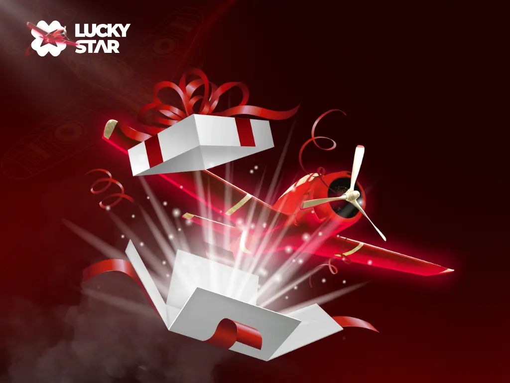 Image featuring Lucky Star casino logo, a red airplane, and a gift box bursting open with ribbons.