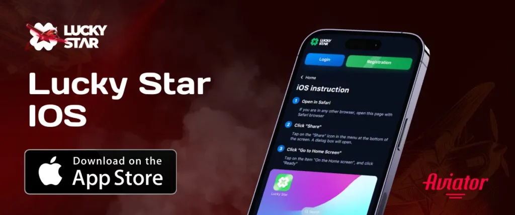 Imagem mostrando o logotipo do cassino Lucky Star, iPhone exibindo a interface do aplicativo Lucky Star e o selo de download da App Store com o texto 'Lucky Star iOS'.