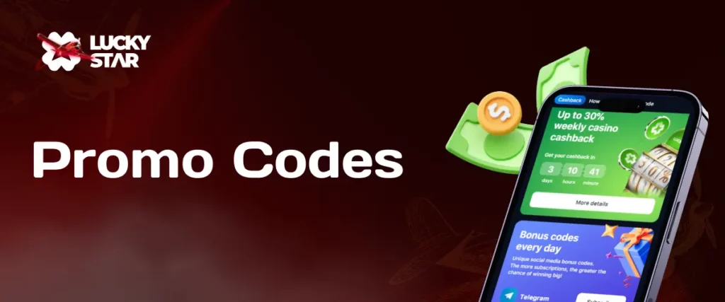 Image featuring Lucky Star casino logo, smartphone displaying promo codes, and the text 'Promo Codes'.