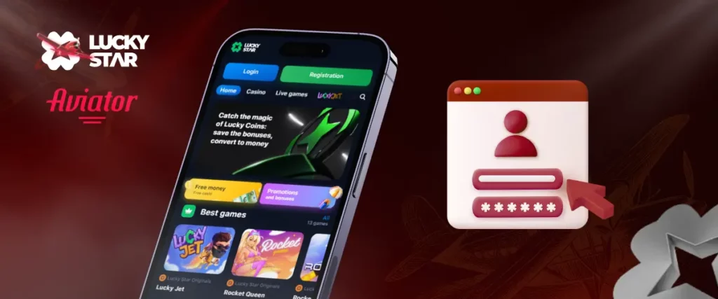 Image showing Lucky Star casino logo, smartphone displaying the casino app interface, and a login icon with the text 'Aviator'.